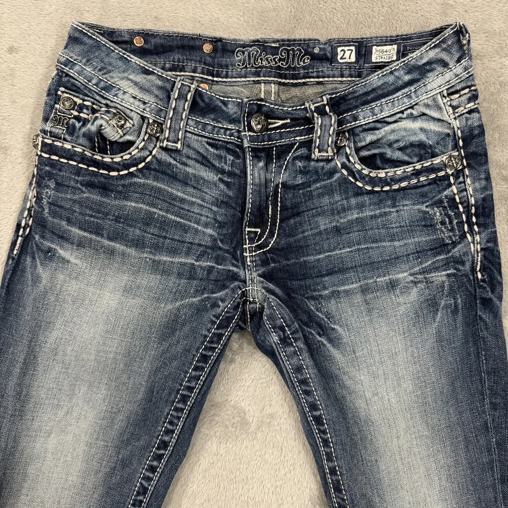 Miss Me Straight Low Rise Jeans Womens 27 Stretch Embellished Dark Wash Blue Y2K